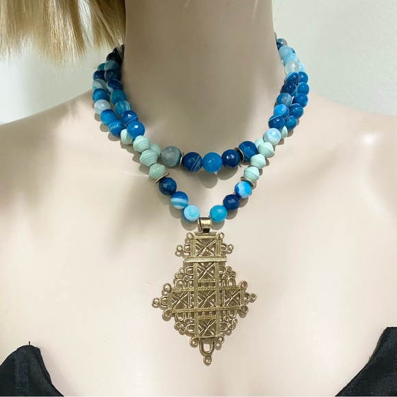 The AKOLA Project Uganda Handmade Blue Agate Paper Beads Double Strand Necklace - Picture 4 of 15